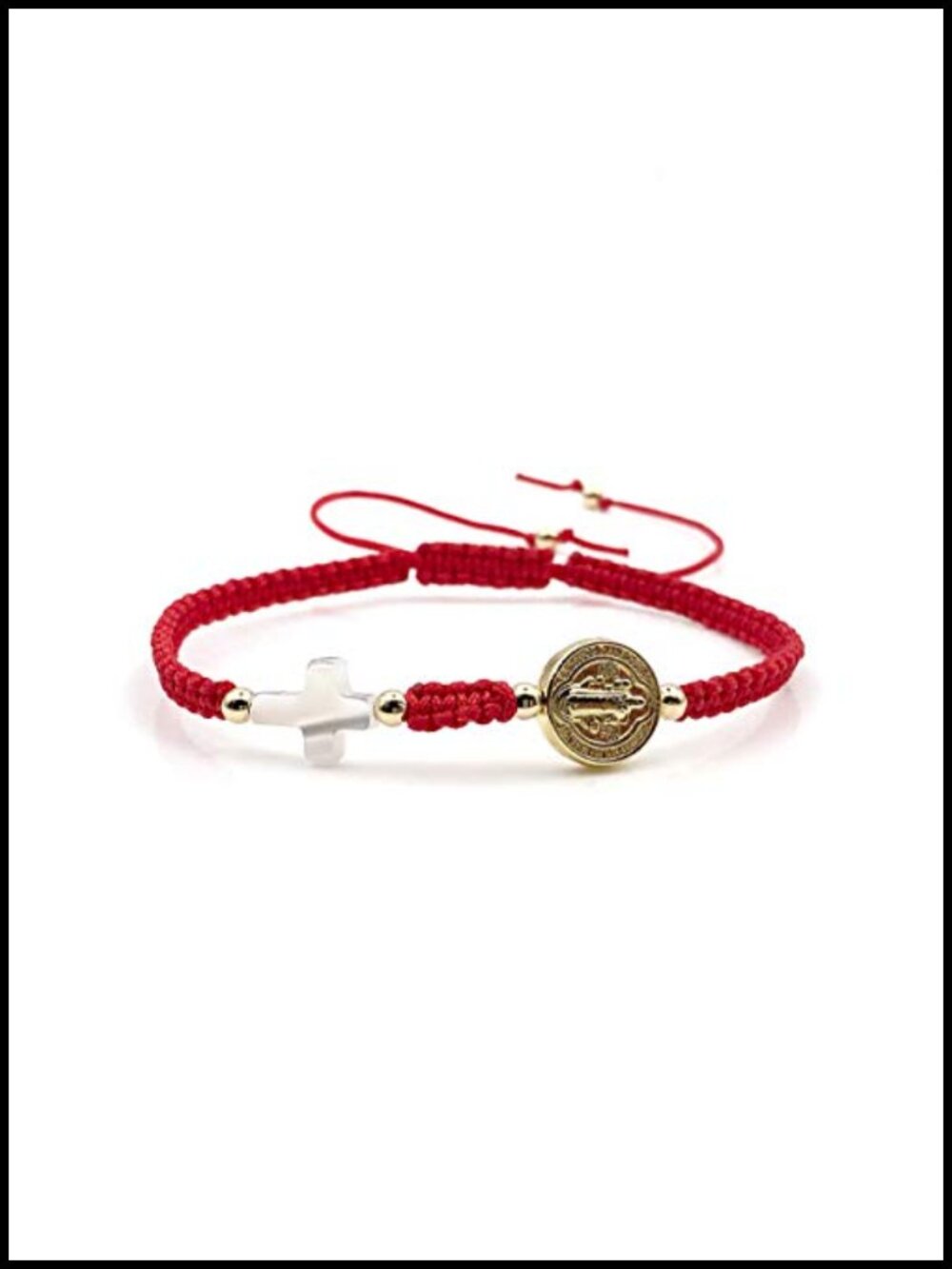 Hand-Woven Thread Bracelet with St. Benedict Medal and Nacre Cross Adjustable